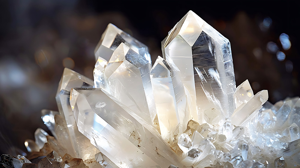 A high-resolution close-up of a rough unpolished quartz crystal